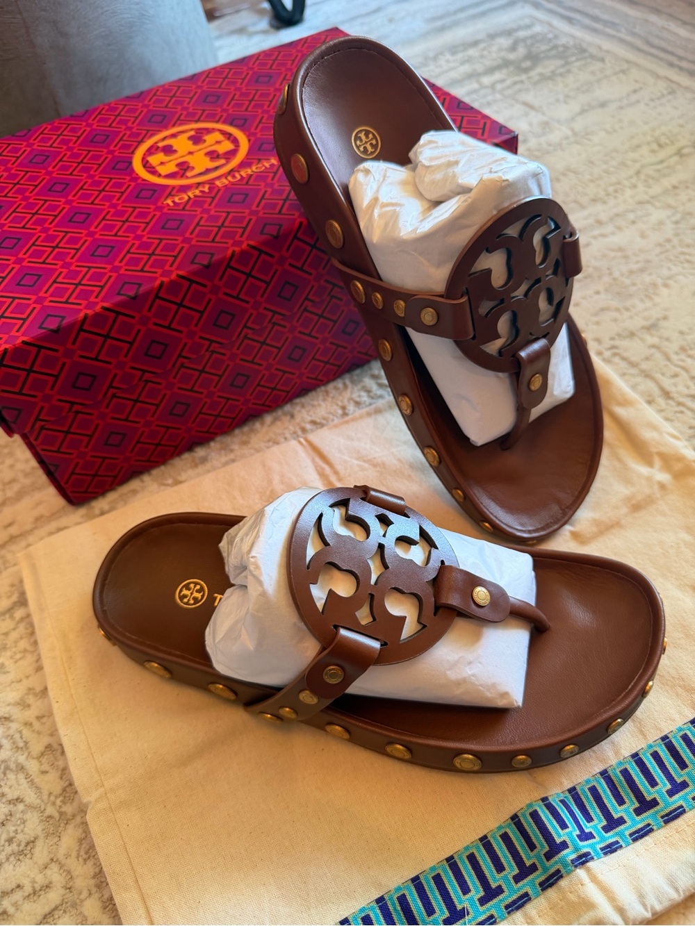 Tory Burch Brown Leather Miller Studded Slide Sandals - Picture 2 of 7